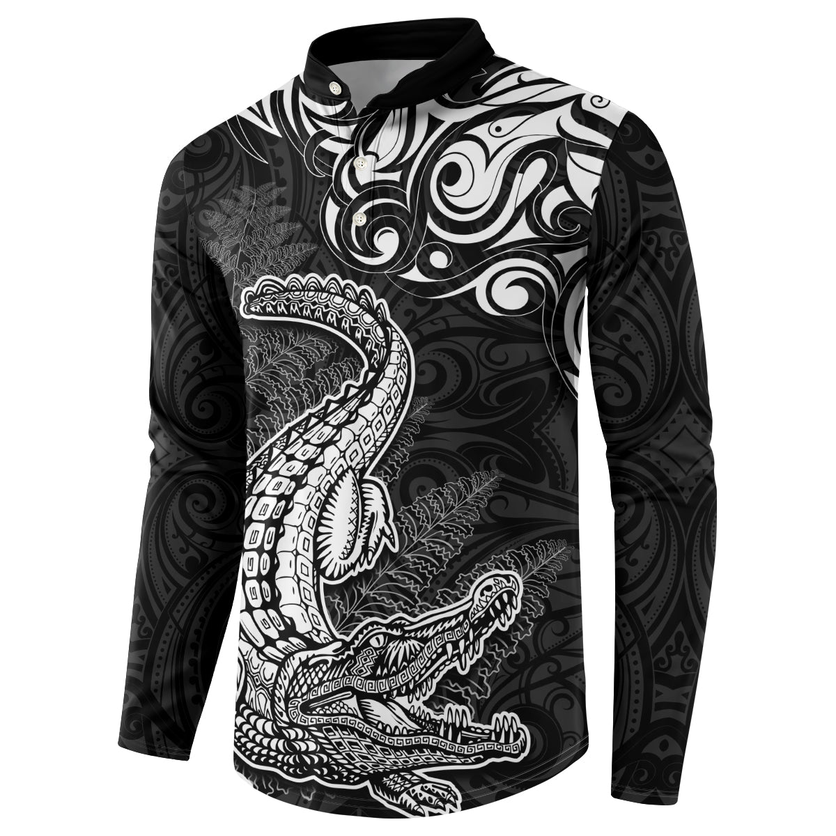 New Zealand Crocodile Tattoo and Fern Button Sweatshirt Maori Pattern LT03 - Polynesian Pride