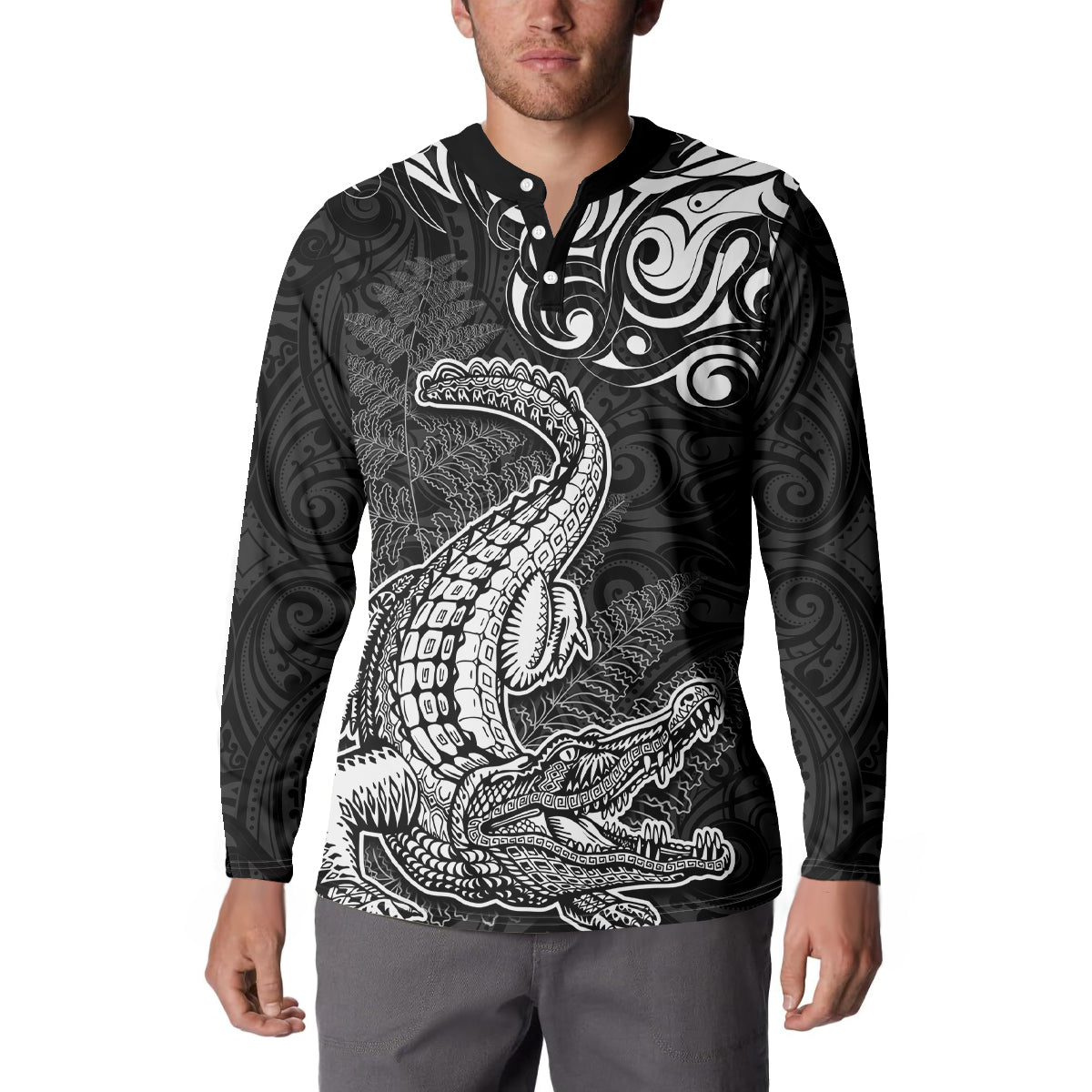New Zealand Crocodile Tattoo and Fern Button Sweatshirt Maori Pattern LT03 - Polynesian Pride