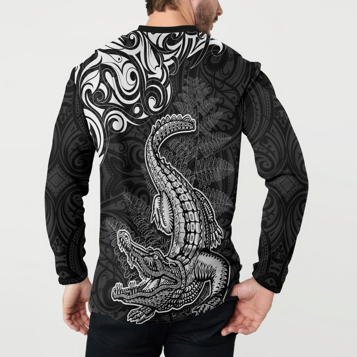 New Zealand Crocodile Tattoo and Fern Button Sweatshirt Maori Pattern LT03 - Polynesian Pride