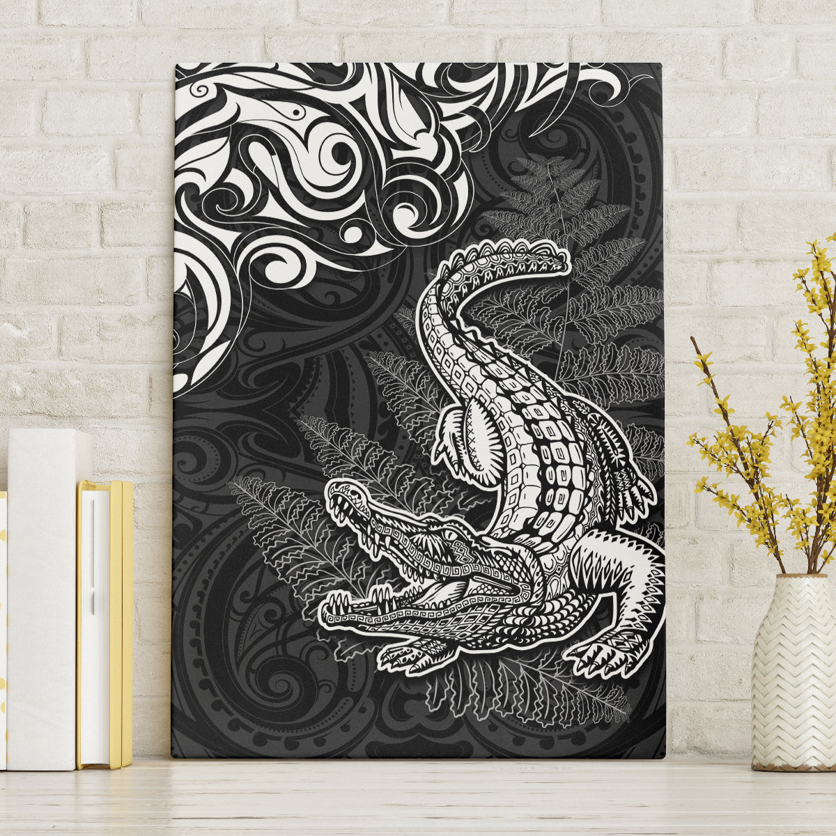 New Zealand Crocodile Tattoo and Fern Canvas Wall Art Maori Pattern LT03 Without Frame Black - Polynesian Pride
