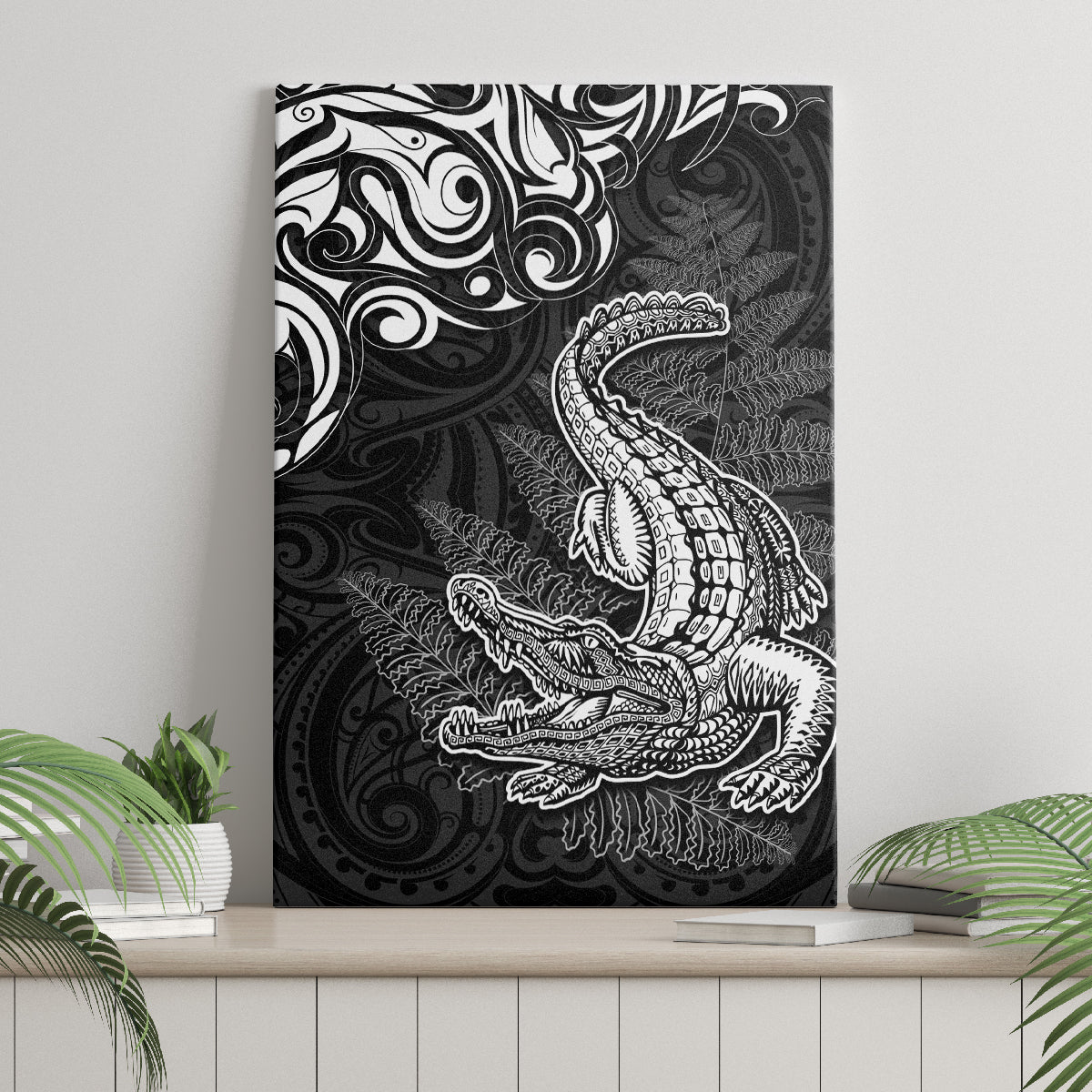 New Zealand Crocodile Tattoo and Fern Canvas Wall Art Maori Pattern LT03 - Polynesian Pride