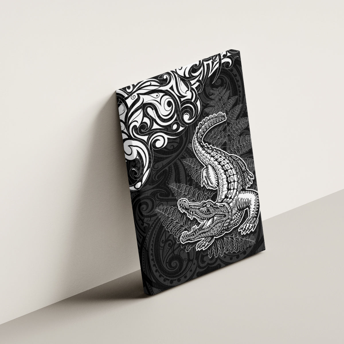 New Zealand Crocodile Tattoo and Fern Canvas Wall Art Maori Pattern LT03 - Polynesian Pride