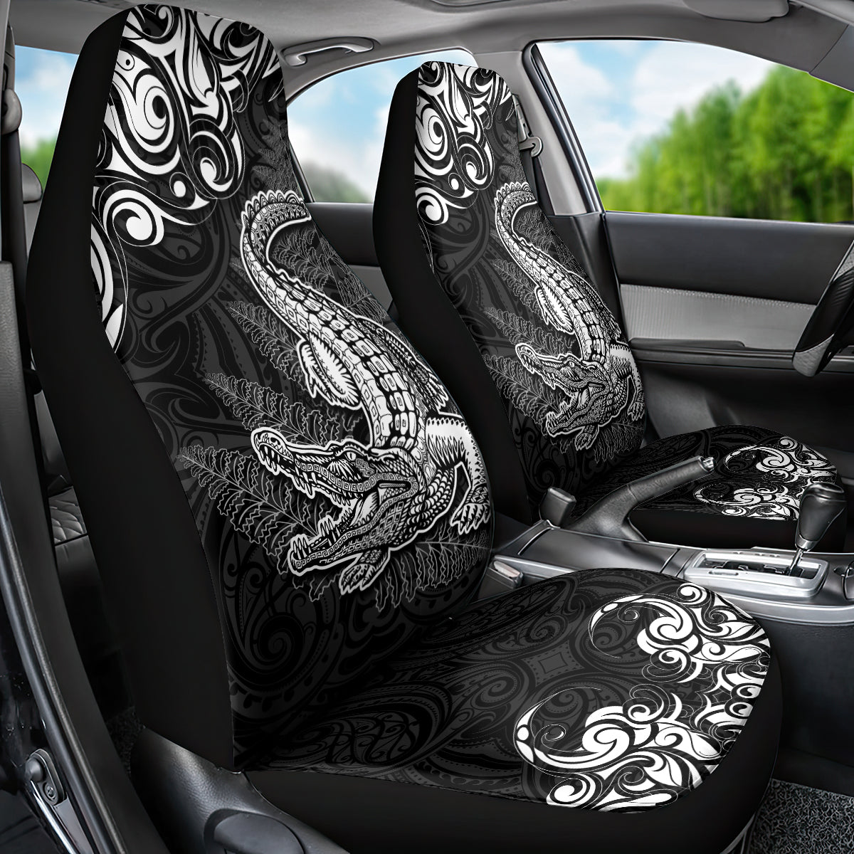 New Zealand Crocodile Tattoo and Fern Car Seat Cover Maori Pattern