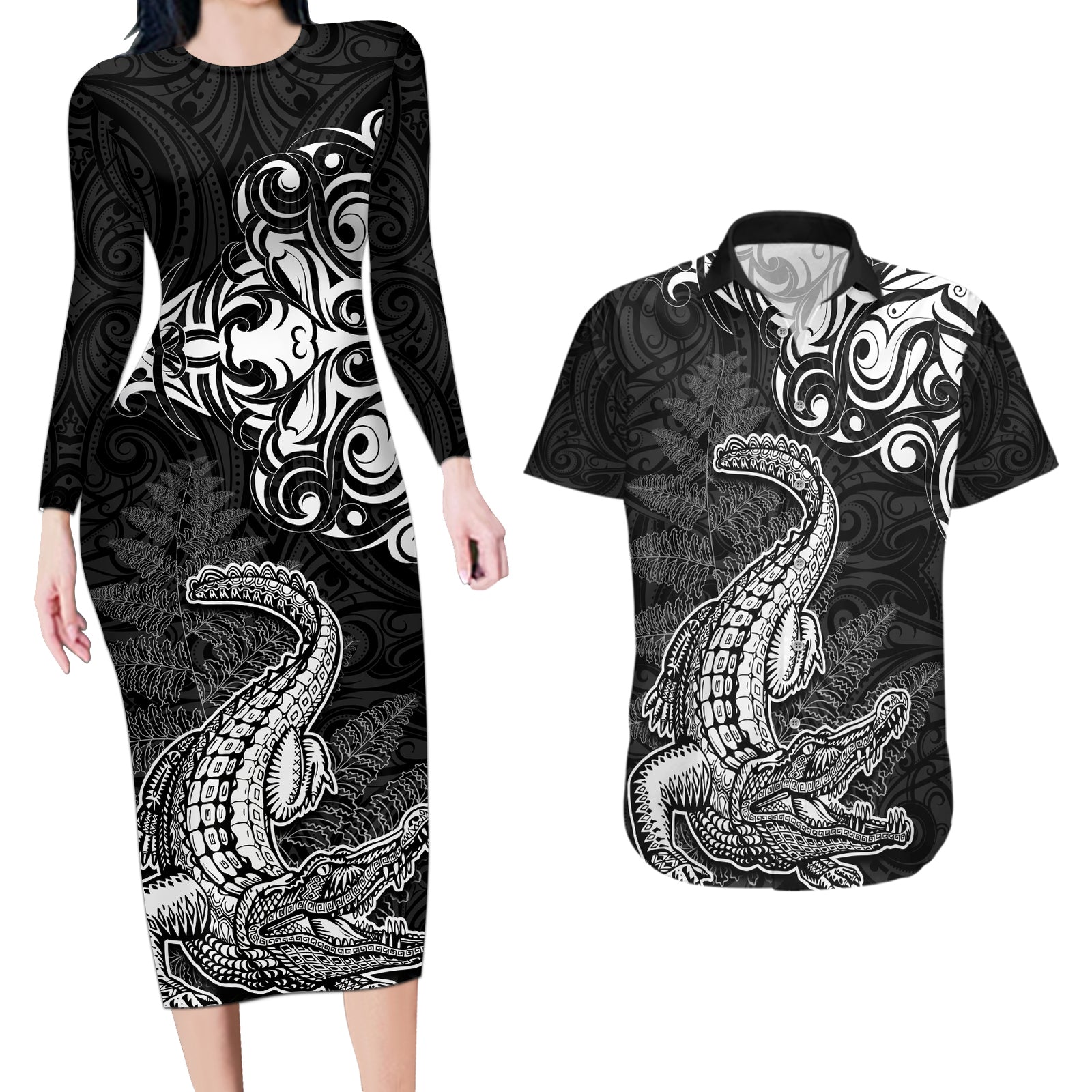 New Zealand Crocodile Tattoo and Fern Couples Matching Long Sleeve Bodycon Dress and Hawaiian Shirt Maori Pattern LT03 Black - Polynesian Pride