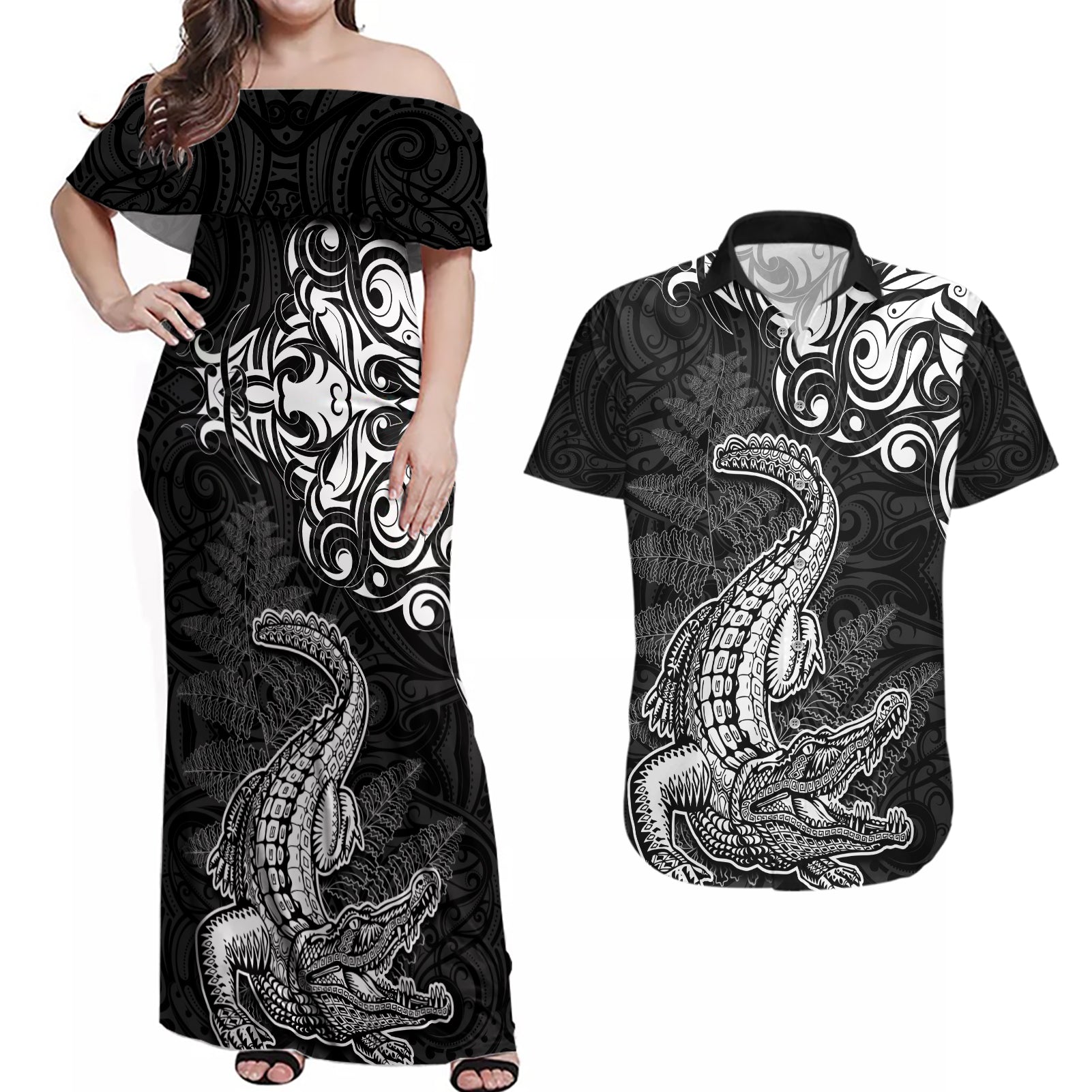 New Zealand Crocodile Tattoo and Fern Couples Matching Off Shoulder Maxi Dress and Hawaiian Shirt Maori Pattern