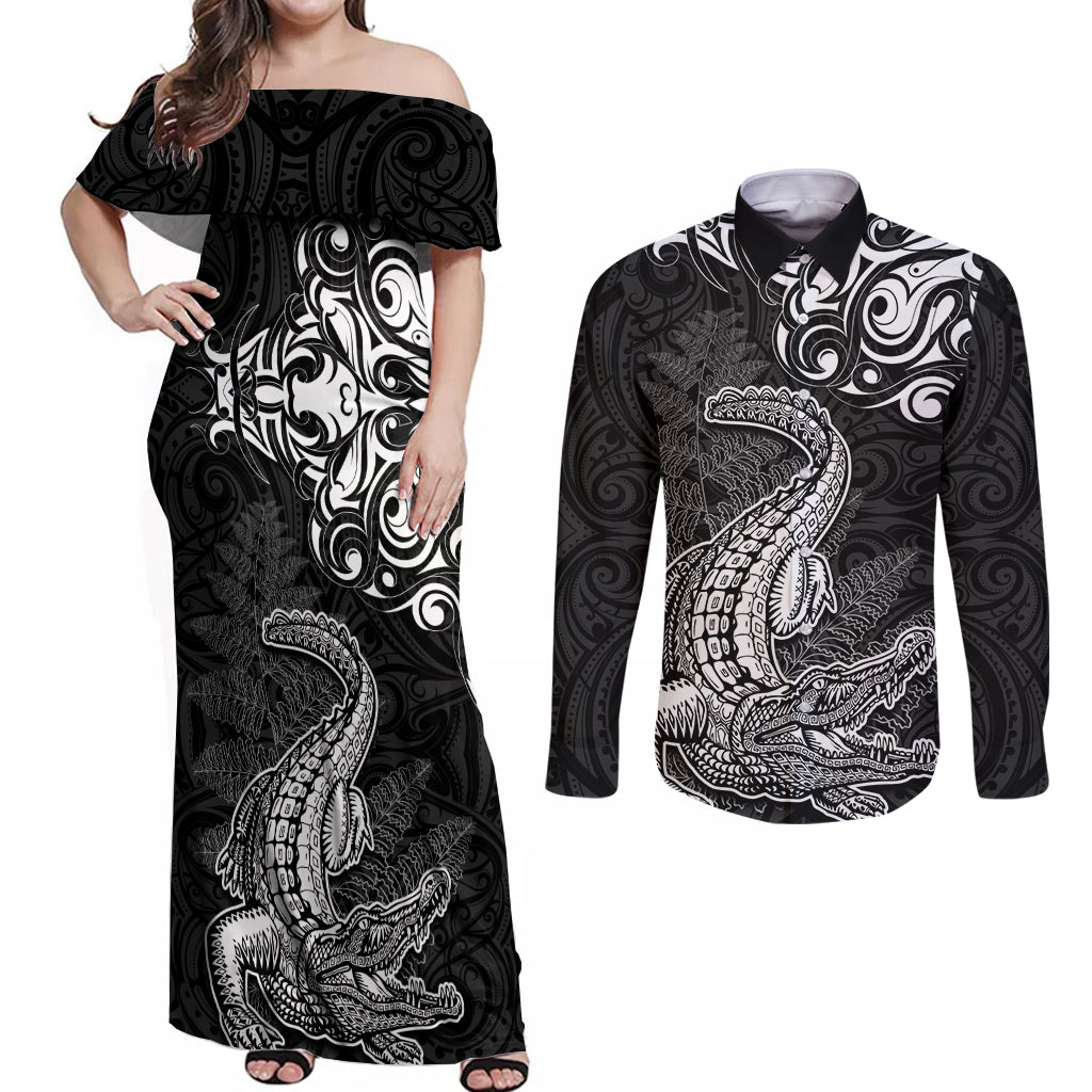 New Zealand Crocodile Tattoo and Fern Couples Matching Off Shoulder Maxi Dress and Long Sleeve Button Shirt Maori Pattern