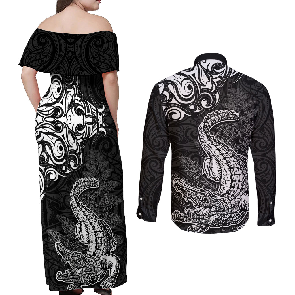 New Zealand Crocodile Tattoo and Fern Couples Matching Off Shoulder Maxi Dress and Long Sleeve Button Shirt Maori Pattern