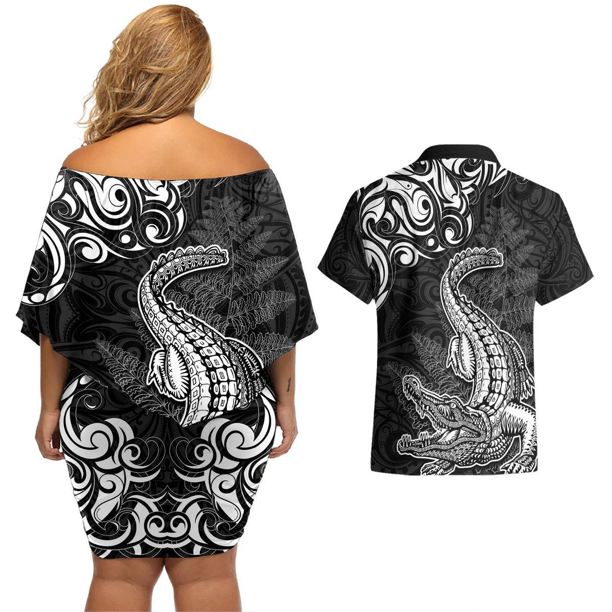 New Zealand Crocodile Tattoo and Fern Couples Matching Off Shoulder Short Dress and Hawaiian Shirt Maori Pattern