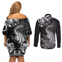 New Zealand Crocodile Tattoo and Fern Couples Matching Off Shoulder Short Dress and Long Sleeve Button Shirt Maori Pattern