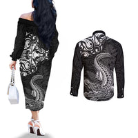 New Zealand Crocodile Tattoo and Fern Couples Matching Off The Shoulder Long Sleeve Dress and Long Sleeve Button Shirt Maori Pattern