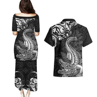New Zealand Crocodile Tattoo and Fern Couples Matching Puletasi and Hawaiian Shirt Maori Pattern