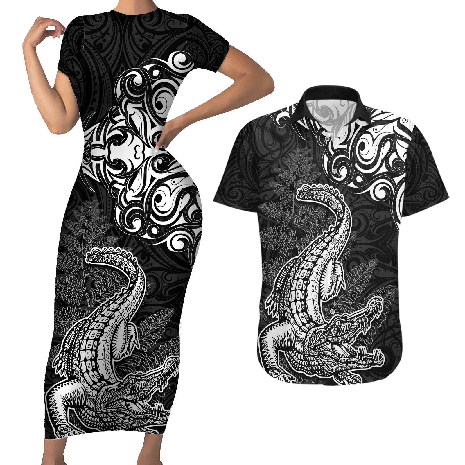 New Zealand Crocodile Tattoo and Fern Couples Matching Short Sleeve Bodycon Dress and Hawaiian Shirt Maori Pattern