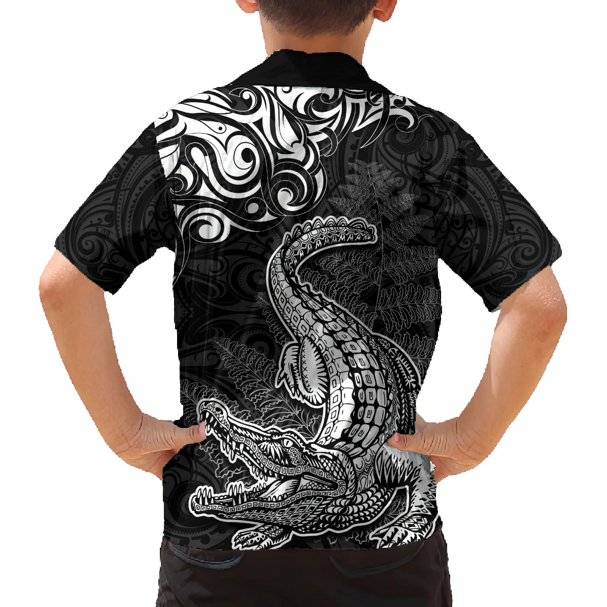 New Zealand Crocodile Tattoo and Fern Family Matching Off The Shoulder Long Sleeve Dress and Hawaiian Shirt Maori Pattern LT03 - Polynesian Pride