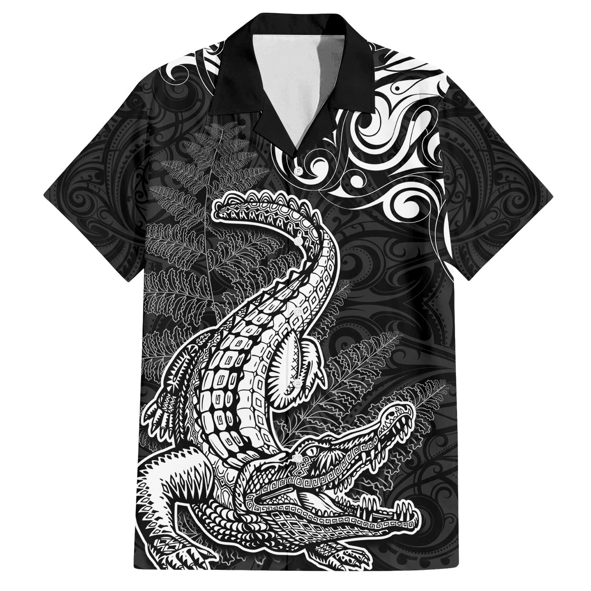 New Zealand Crocodile Tattoo and Fern Family Matching Off The Shoulder Long Sleeve Dress and Hawaiian Shirt Maori Pattern LT03 Dad's Shirt - Short Sleeve Black - Polynesian Pride