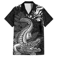 New Zealand Crocodile Tattoo and Fern Family Matching Off The Shoulder Long Sleeve Dress and Hawaiian Shirt Maori Pattern LT03 Dad's Shirt - Short Sleeve Black - Polynesian Pride