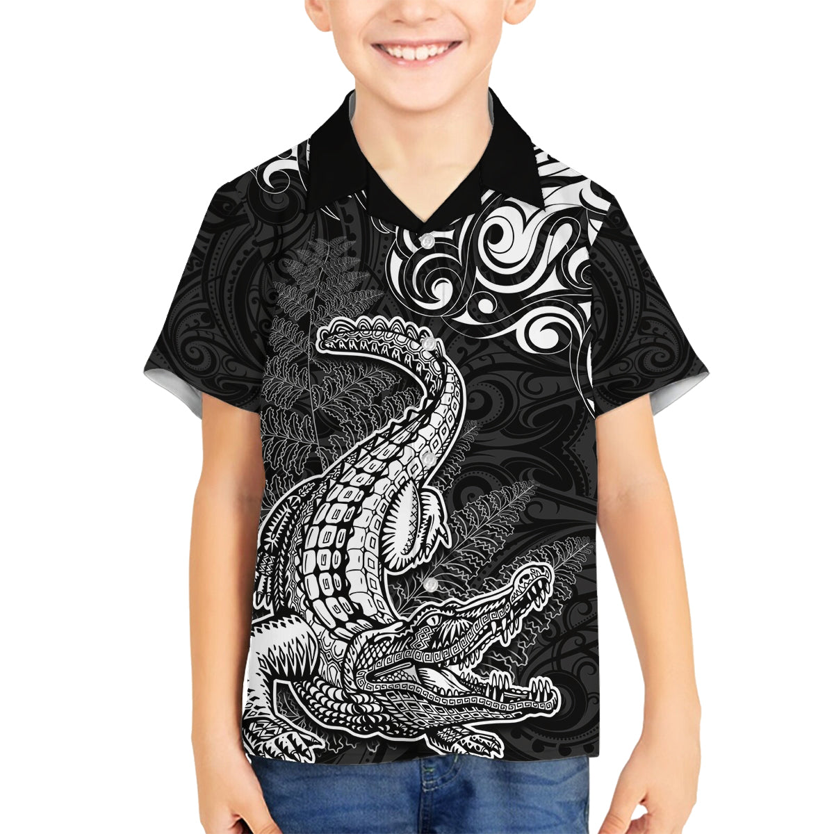 New Zealand Crocodile Tattoo and Fern Family Matching Off The Shoulder Long Sleeve Dress and Hawaiian Shirt Maori Pattern LT03 Son's Shirt Black - Polynesian Pride