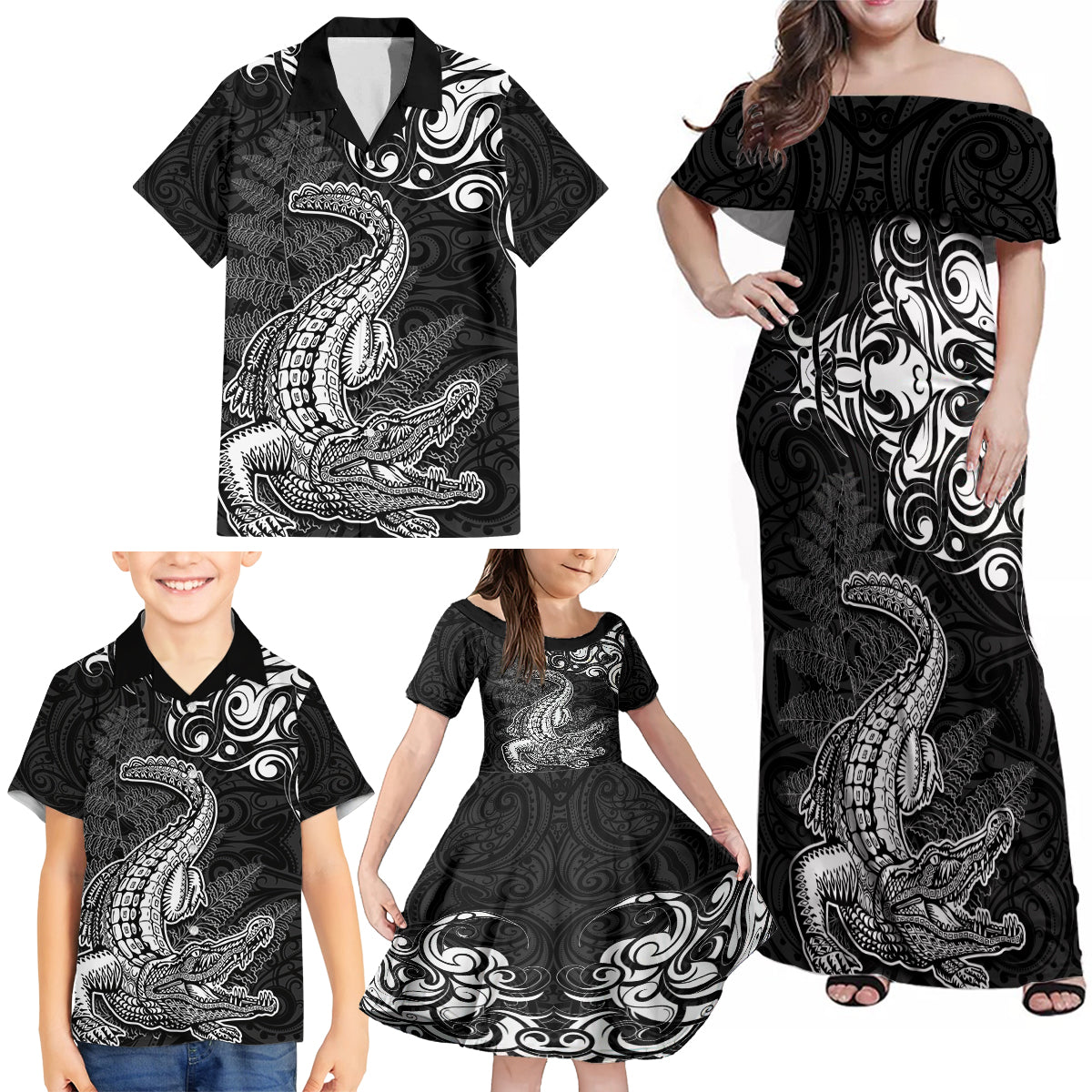 New Zealand Crocodile Tattoo and Fern Family Matching Off Shoulder Maxi Dress and Hawaiian Shirt Maori Pattern