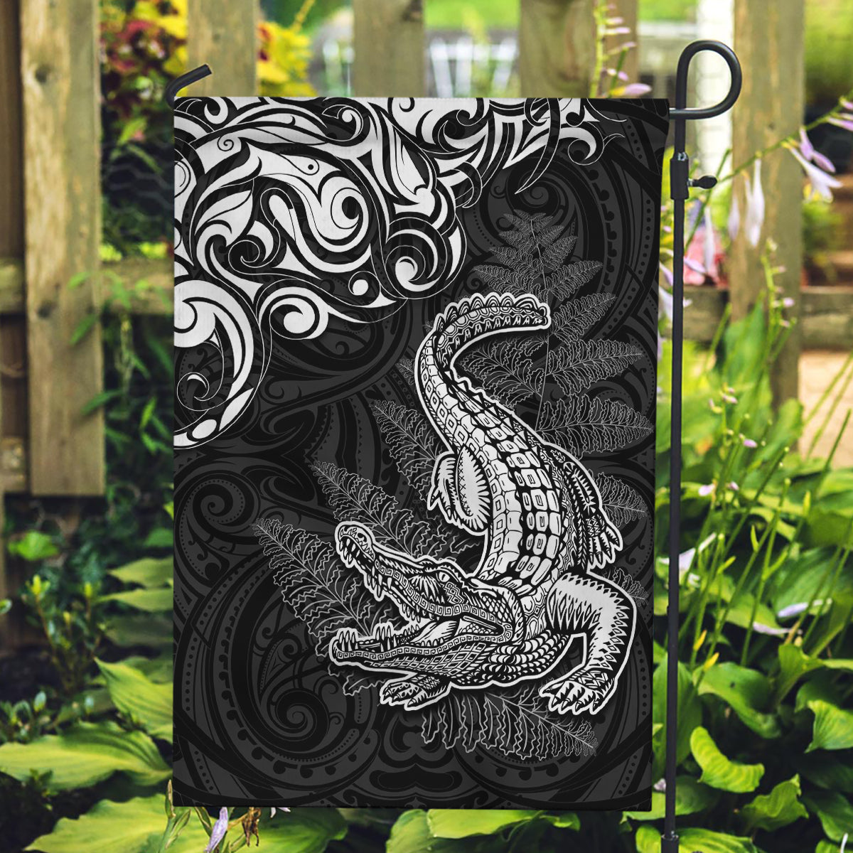 New Zealand Crocodile Tattoo and Fern Garden Flag Maori Pattern