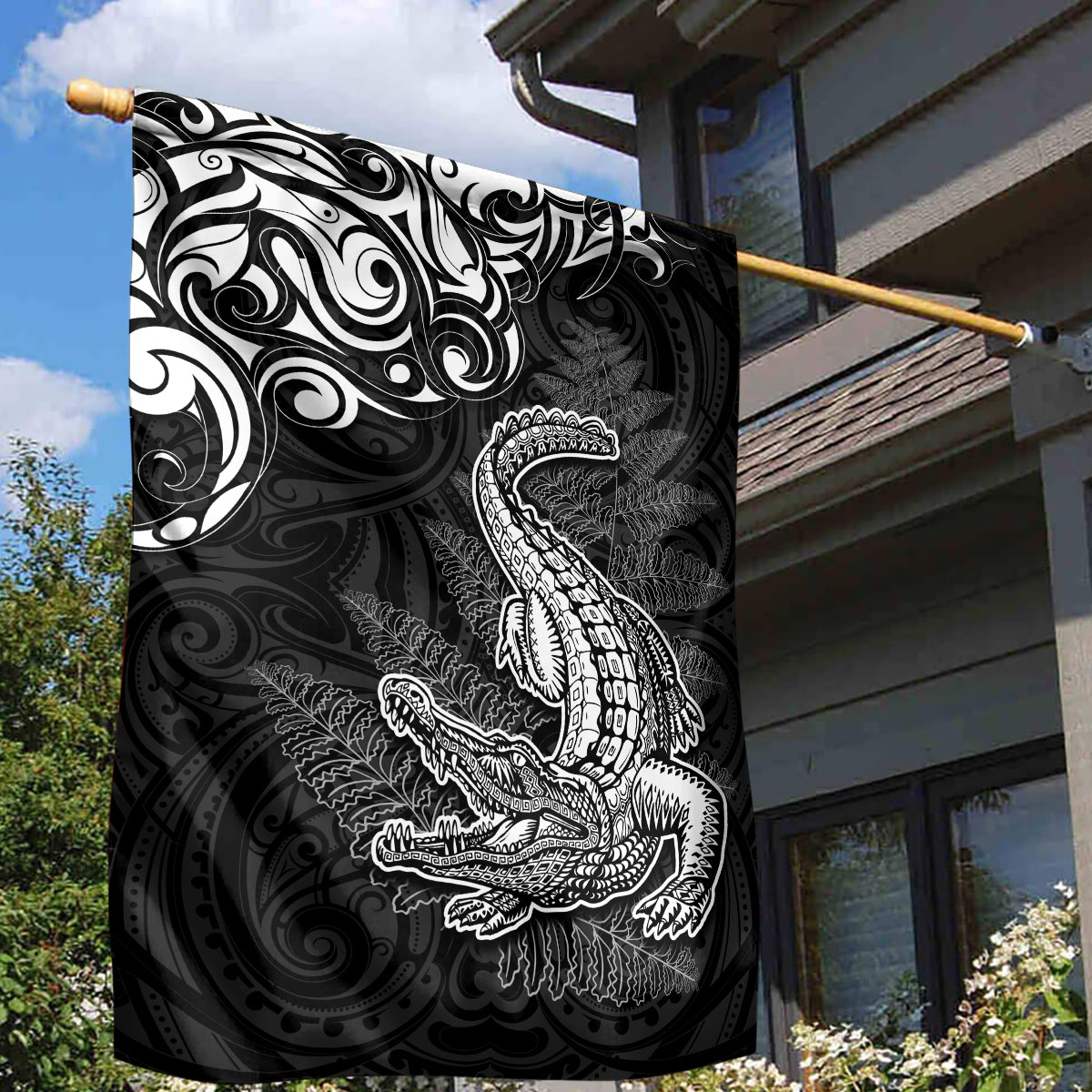 New Zealand Crocodile Tattoo and Fern Garden Flag Maori Pattern LT03 - Polynesian Pride