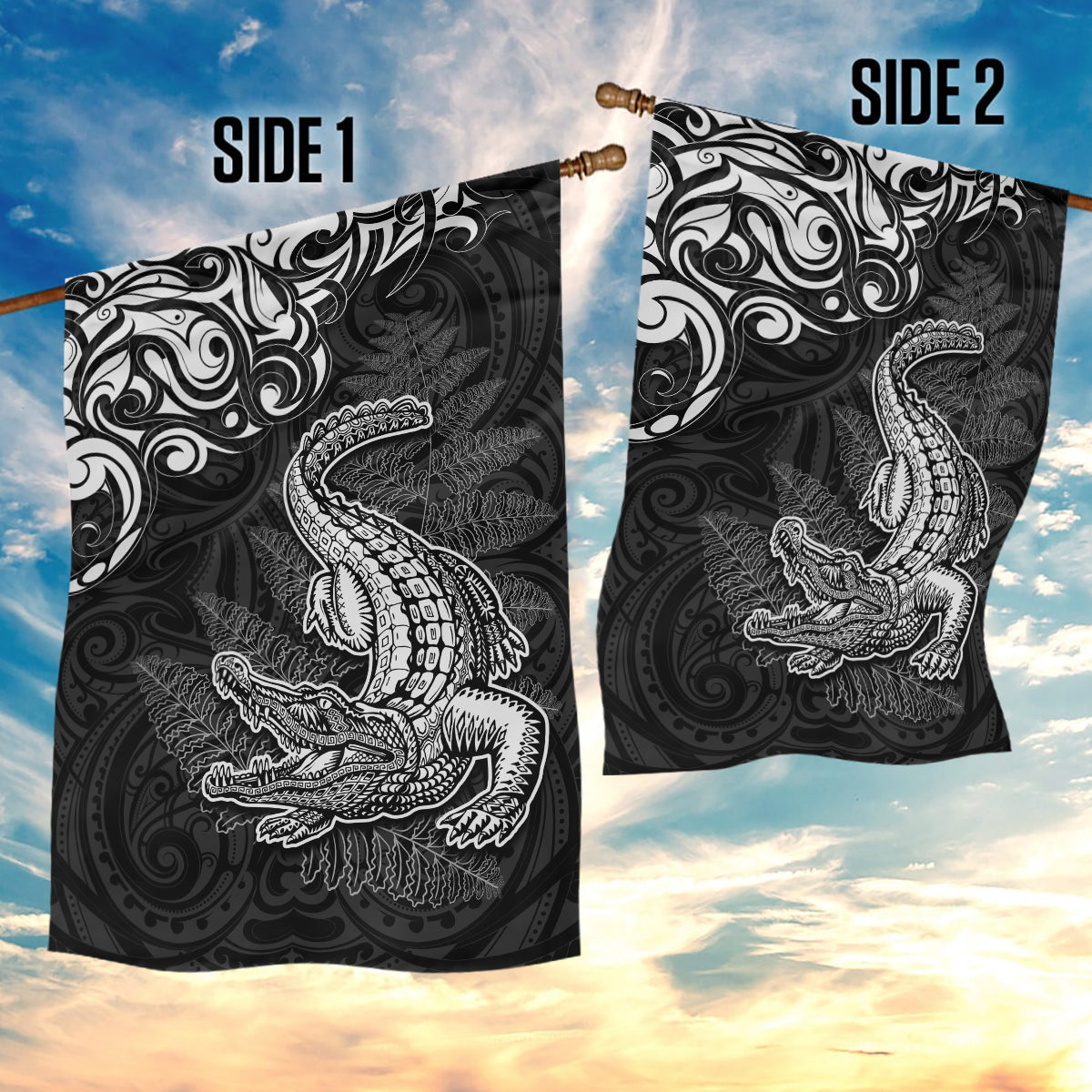 New Zealand Crocodile Tattoo and Fern Garden Flag Maori Pattern LT03 - Polynesian Pride
