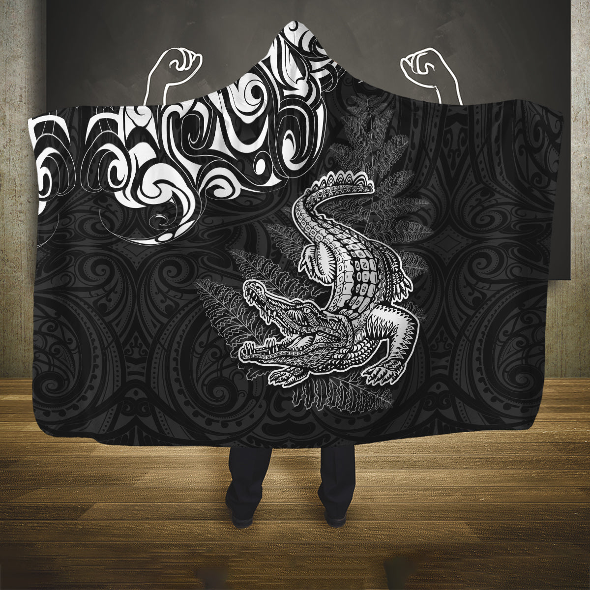 New Zealand Crocodile Tattoo and Fern Hooded Blanket Maori Pattern LT03 One Size Black - Polynesian Pride