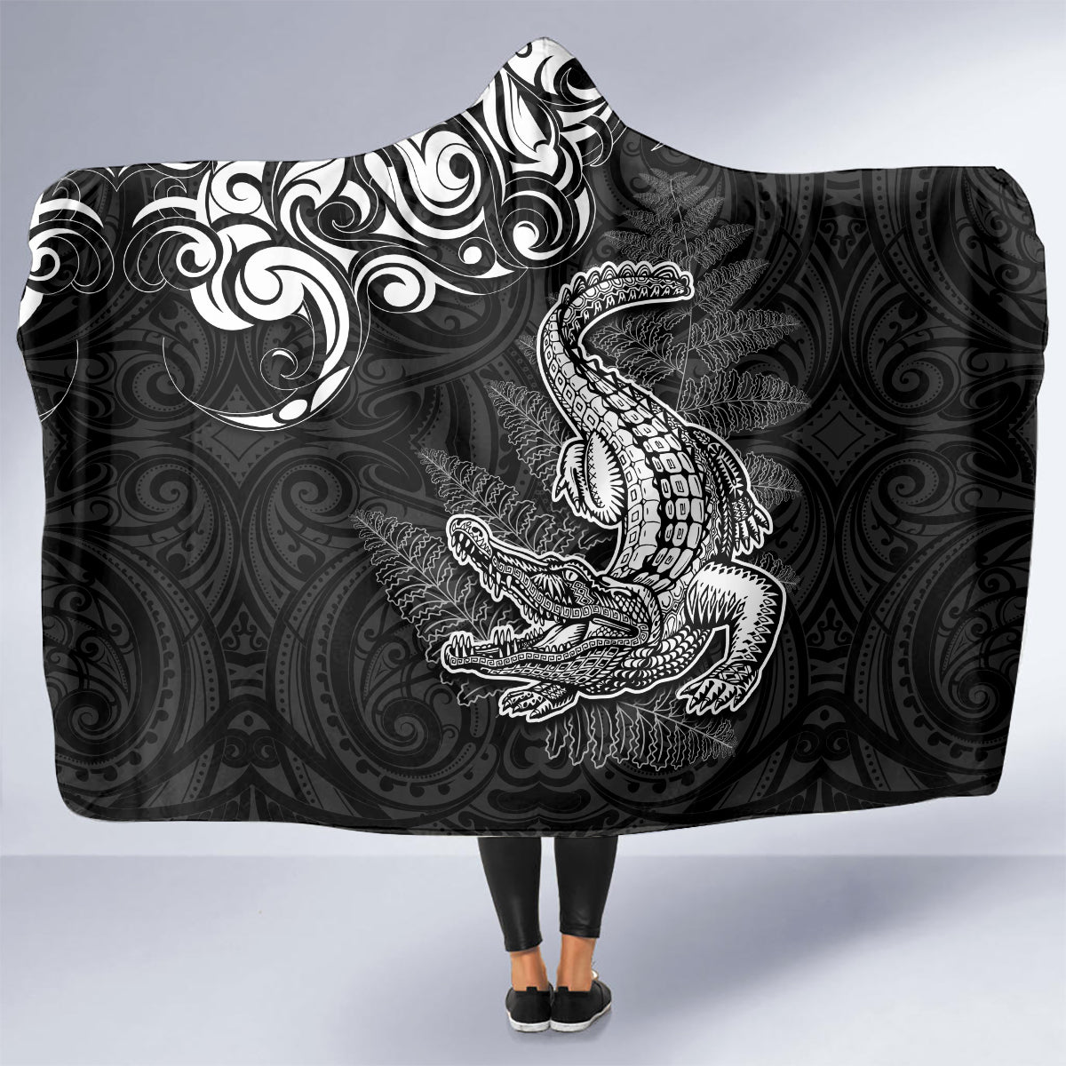 New Zealand Crocodile Tattoo and Fern Hooded Blanket Maori Pattern LT03 - Polynesian Pride