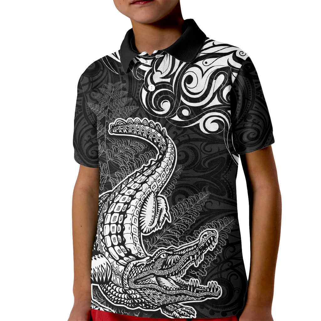 New Zealand Crocodile Tattoo and Fern Kid Polo Shirt Maori Pattern