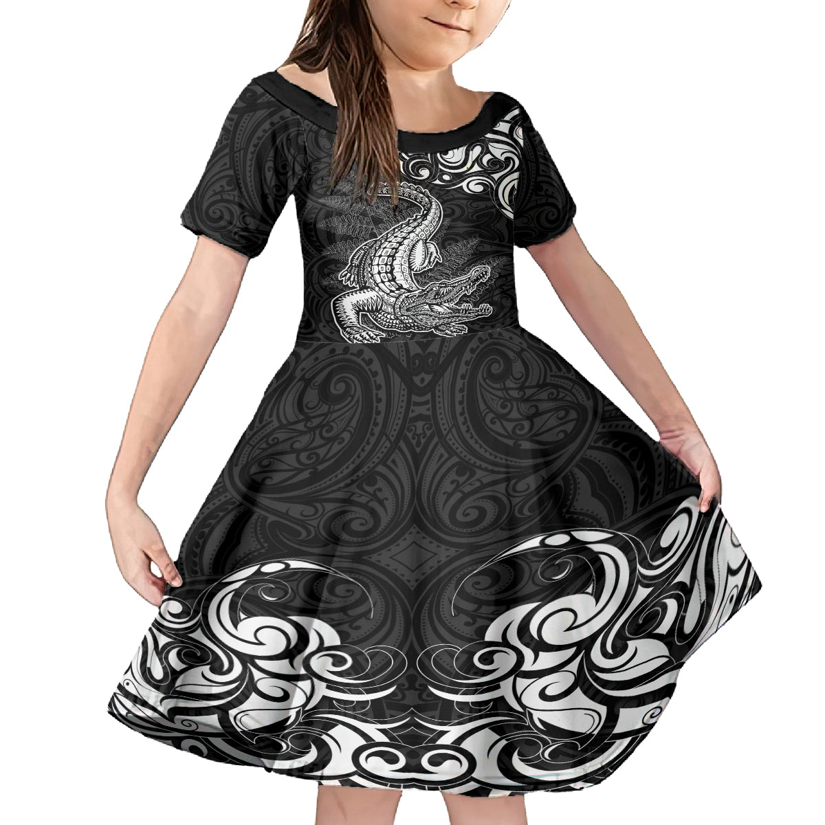 New Zealand Crocodile Tattoo and Fern Kid Short Sleeve Dress Maori Pattern