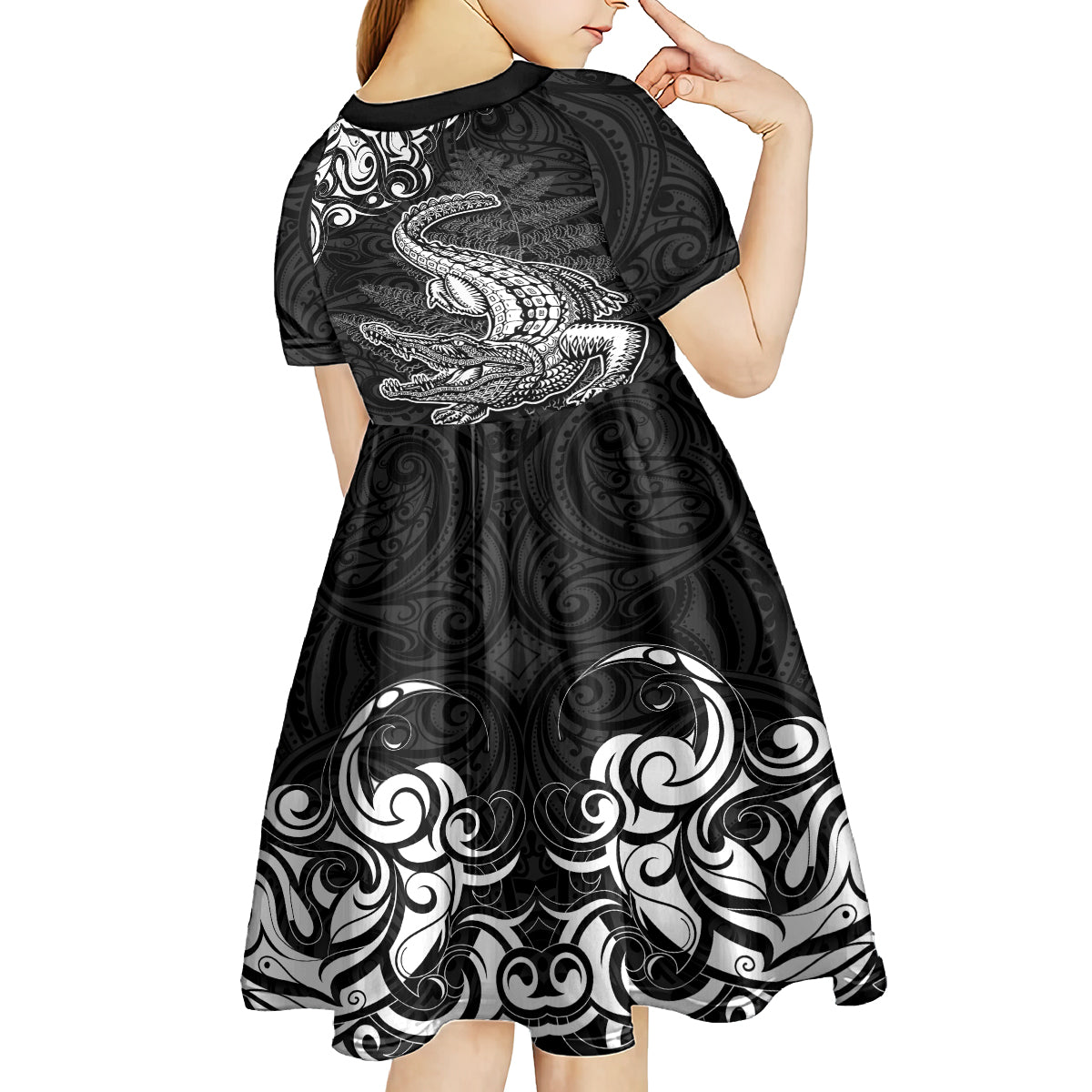 New Zealand Crocodile Tattoo and Fern Kid Short Sleeve Dress Maori Pattern