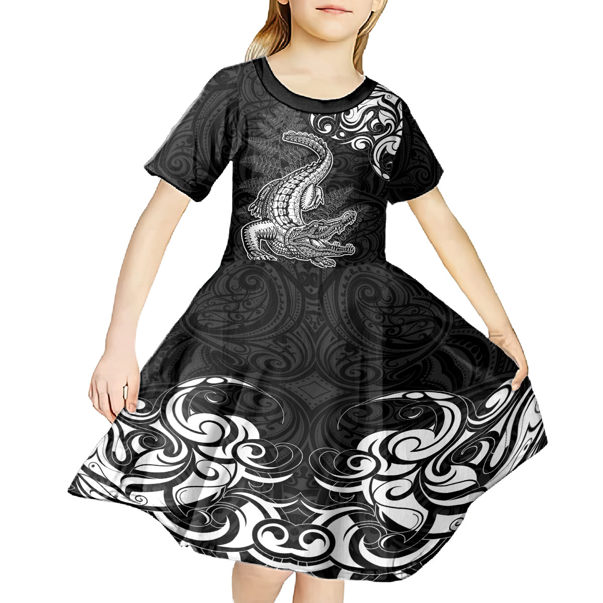 New Zealand Crocodile Tattoo and Fern Kid Short Sleeve Dress Maori Pattern