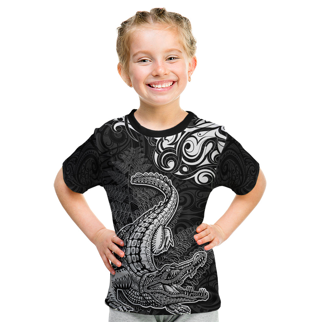 New Zealand Crocodile Tattoo and Fern Kid T Shirt Maori Pattern