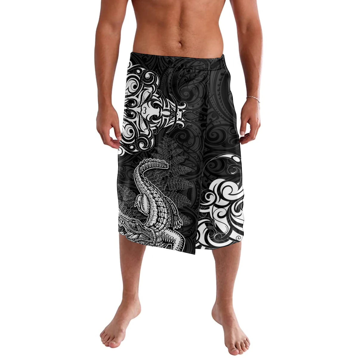 New Zealand Crocodile Tattoo and Fern Lavalava Maori Pattern LT03 Black - Polynesian Pride