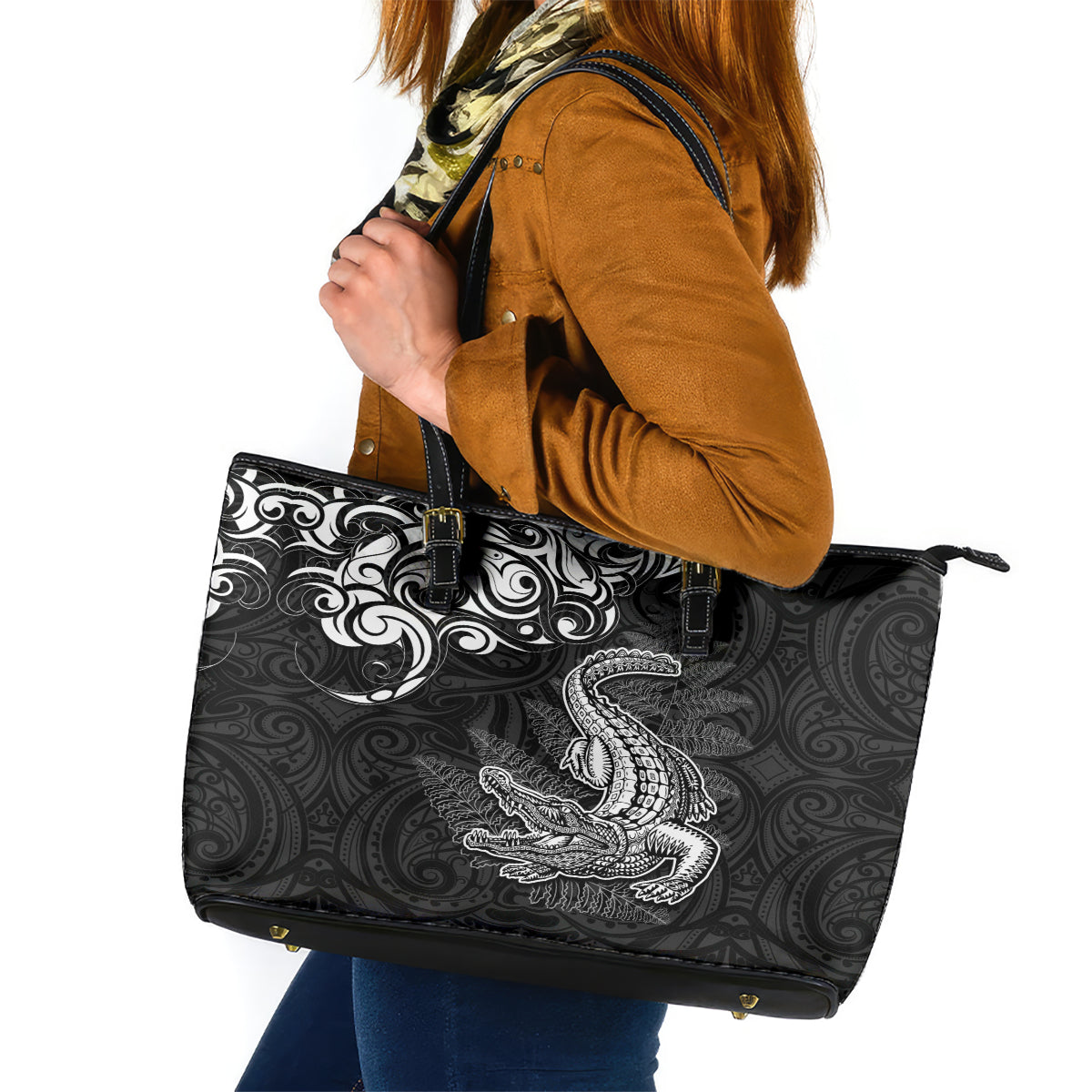 New Zealand Crocodile Tattoo and Fern Leather Tote Bag Maori Pattern LT03 Black - Polynesian Pride