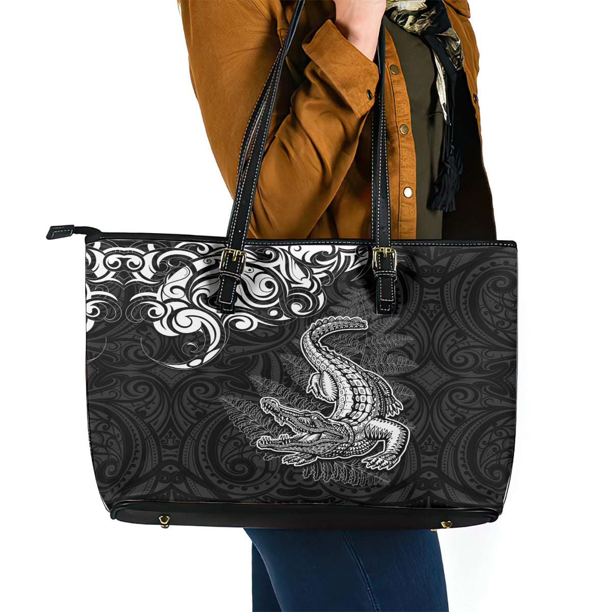 New Zealand Crocodile Tattoo and Fern Leather Tote Bag Maori Pattern LT03 - Polynesian Pride