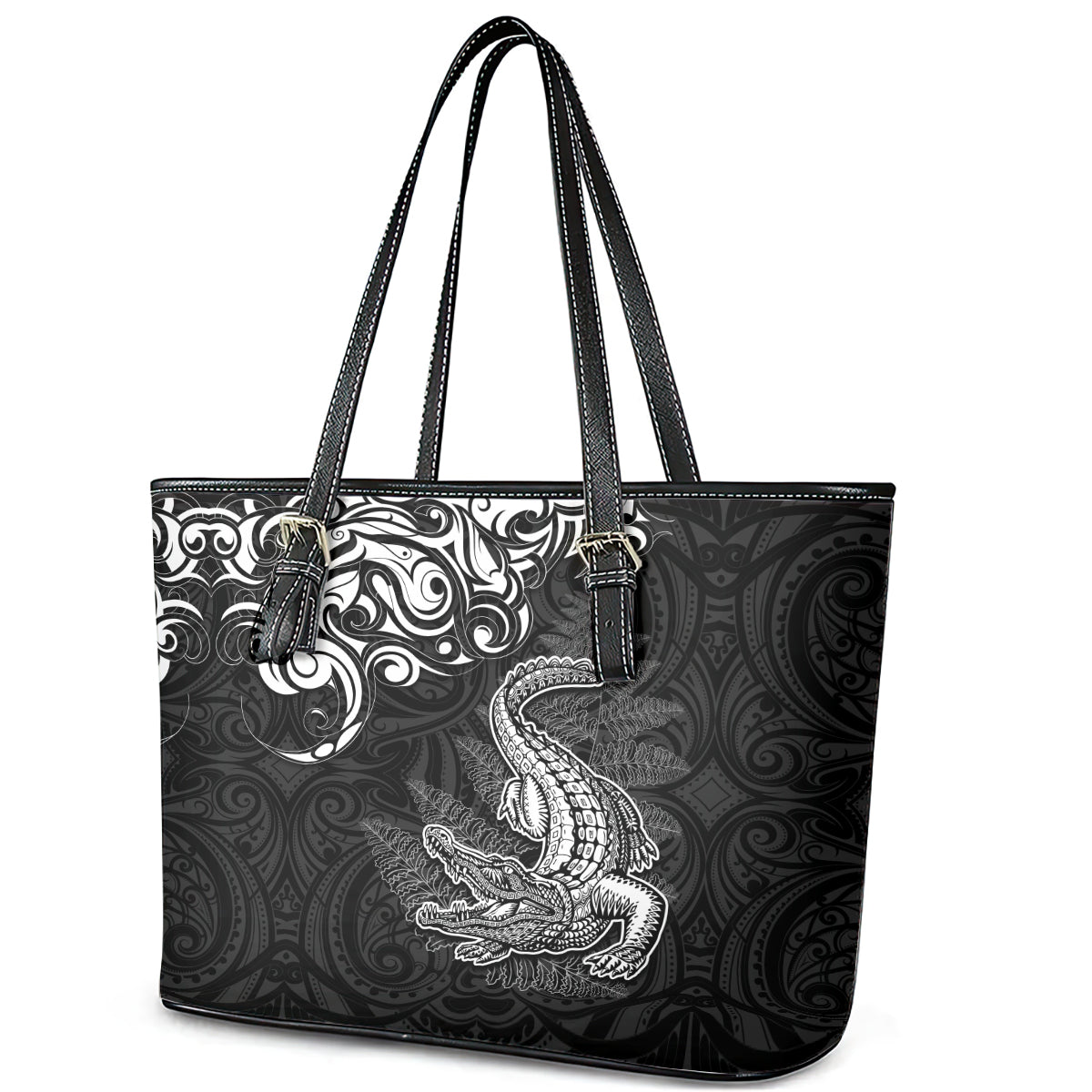 New Zealand Crocodile Tattoo and Fern Leather Tote Bag Maori Pattern LT03 - Polynesian Pride