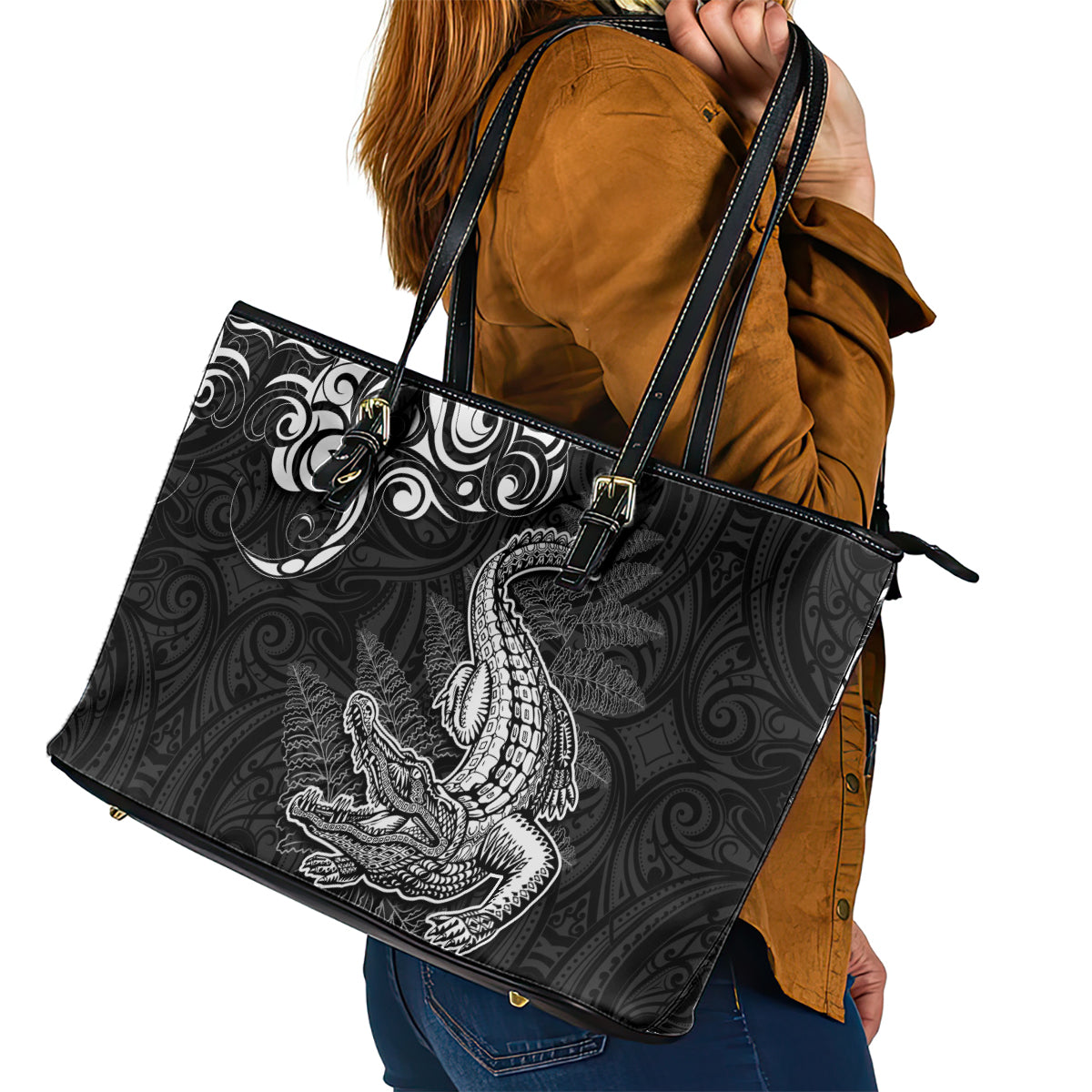 New Zealand Crocodile Tattoo and Fern Leather Tote Bag Maori Pattern LT03 - Polynesian Pride