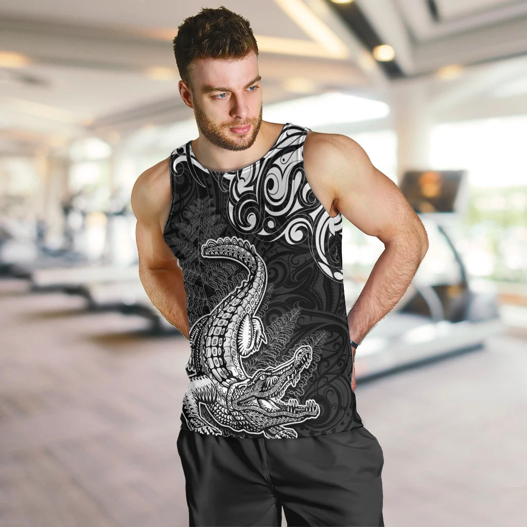 New Zealand Crocodile Tattoo and Fern Men Tank Top Maori Pattern LT03 Black - Polynesian Pride