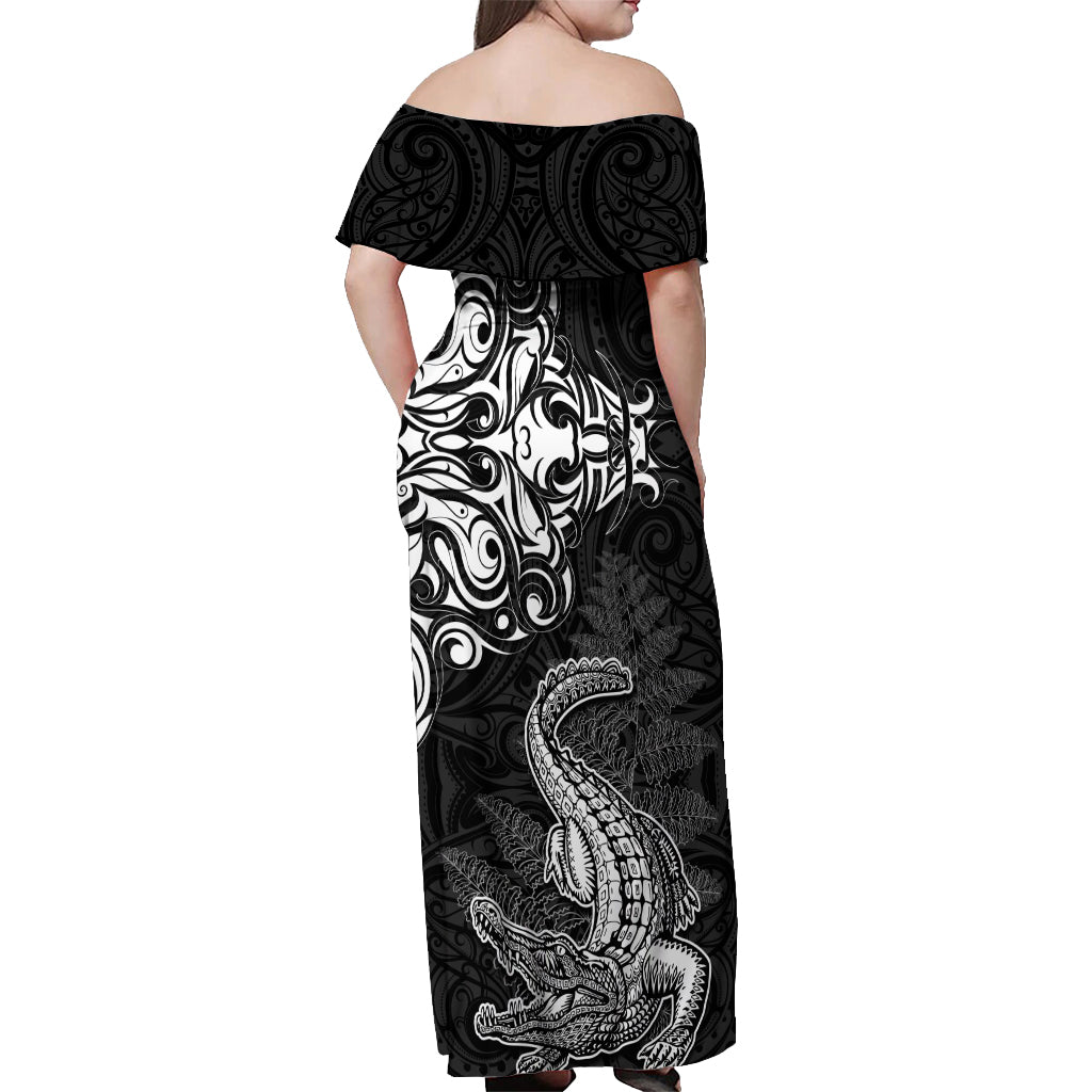 New Zealand Crocodile Tattoo and Fern Off Shoulder Maxi Dress Maori Pattern