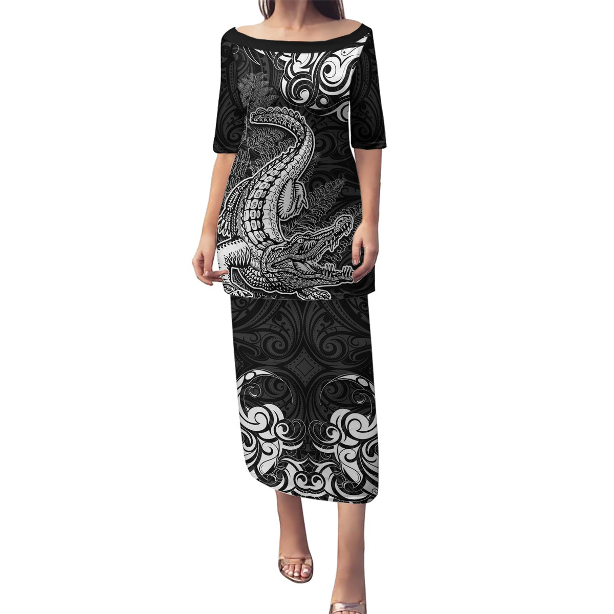 New Zealand Crocodile Tattoo and Fern Puletasi Maori Pattern LT03 Long Dress Black - Polynesian Pride