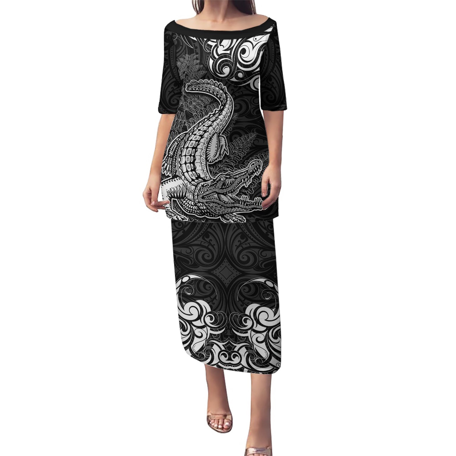 New Zealand Crocodile Tattoo and Fern Puletasi Maori Pattern LT03 Long Dress Black - Polynesian Pride