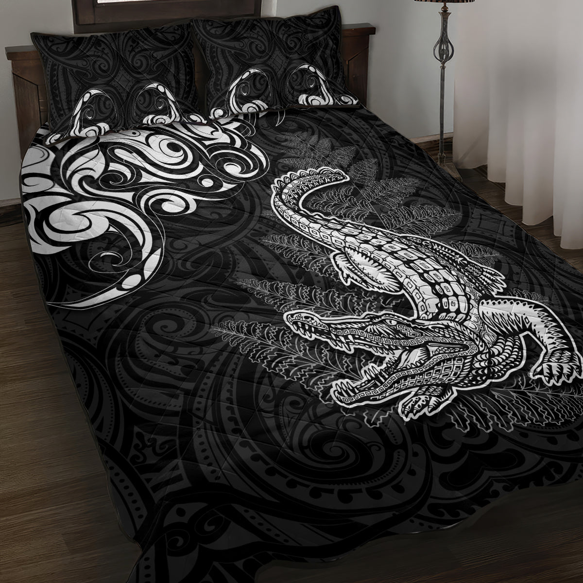 New Zealand Crocodile Tattoo and Fern Quilt Bed Set Maori Pattern