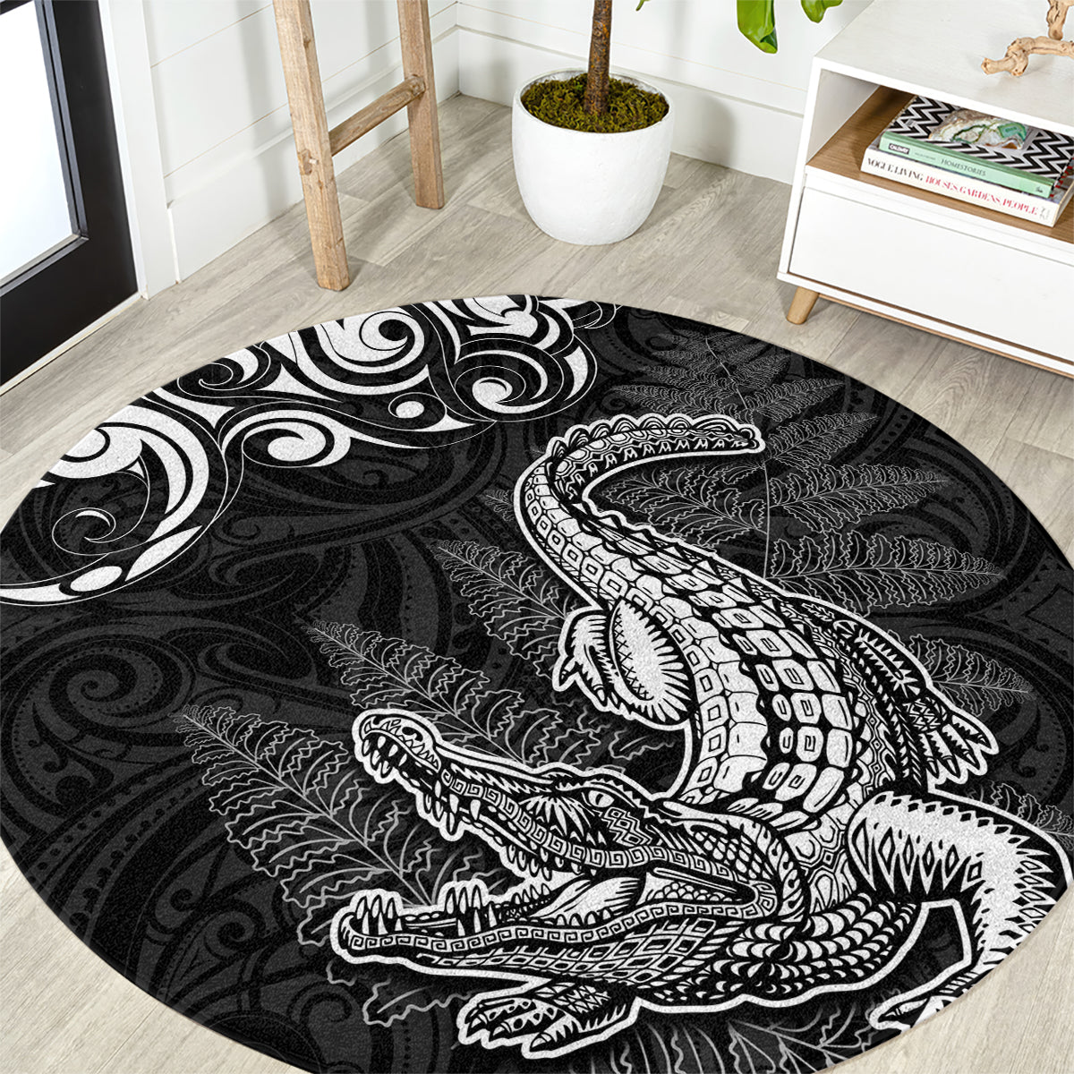 New Zealand Crocodile Tattoo and Fern Round Carpet Maori Pattern