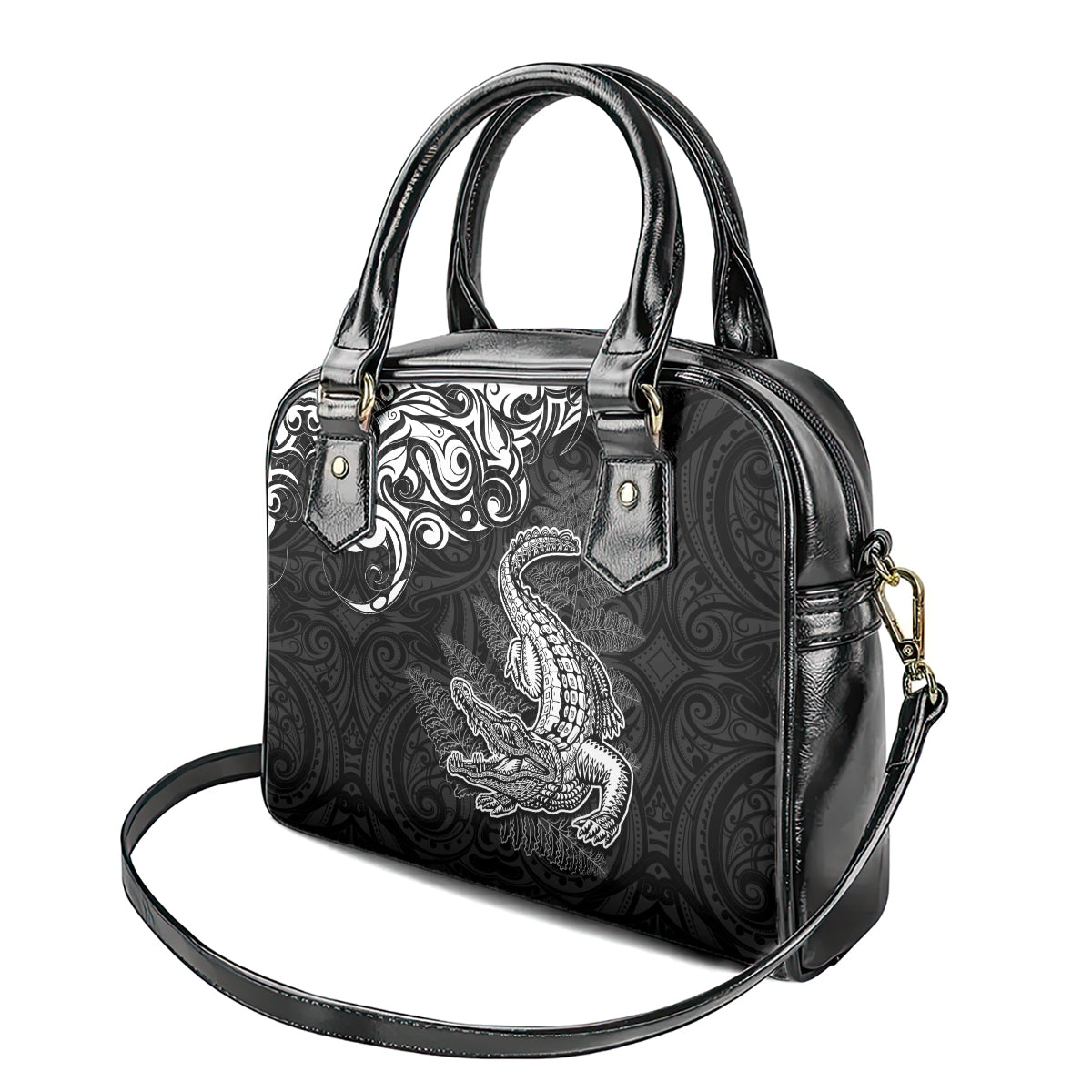 New Zealand Crocodile Tattoo and Fern Shoulder Handbag Maori Pattern