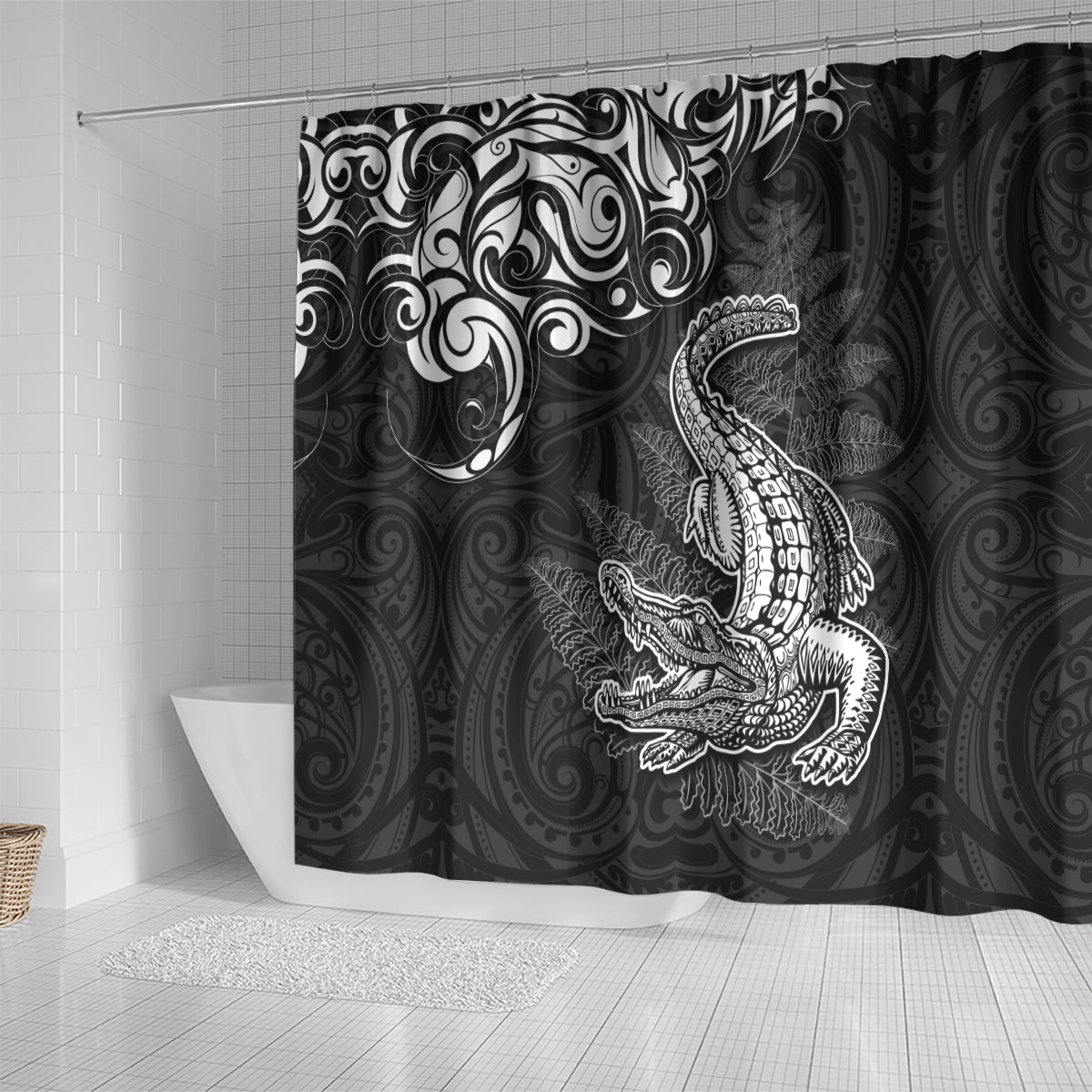 New Zealand Crocodile Tattoo and Fern Shower Curtain Maori Pattern
