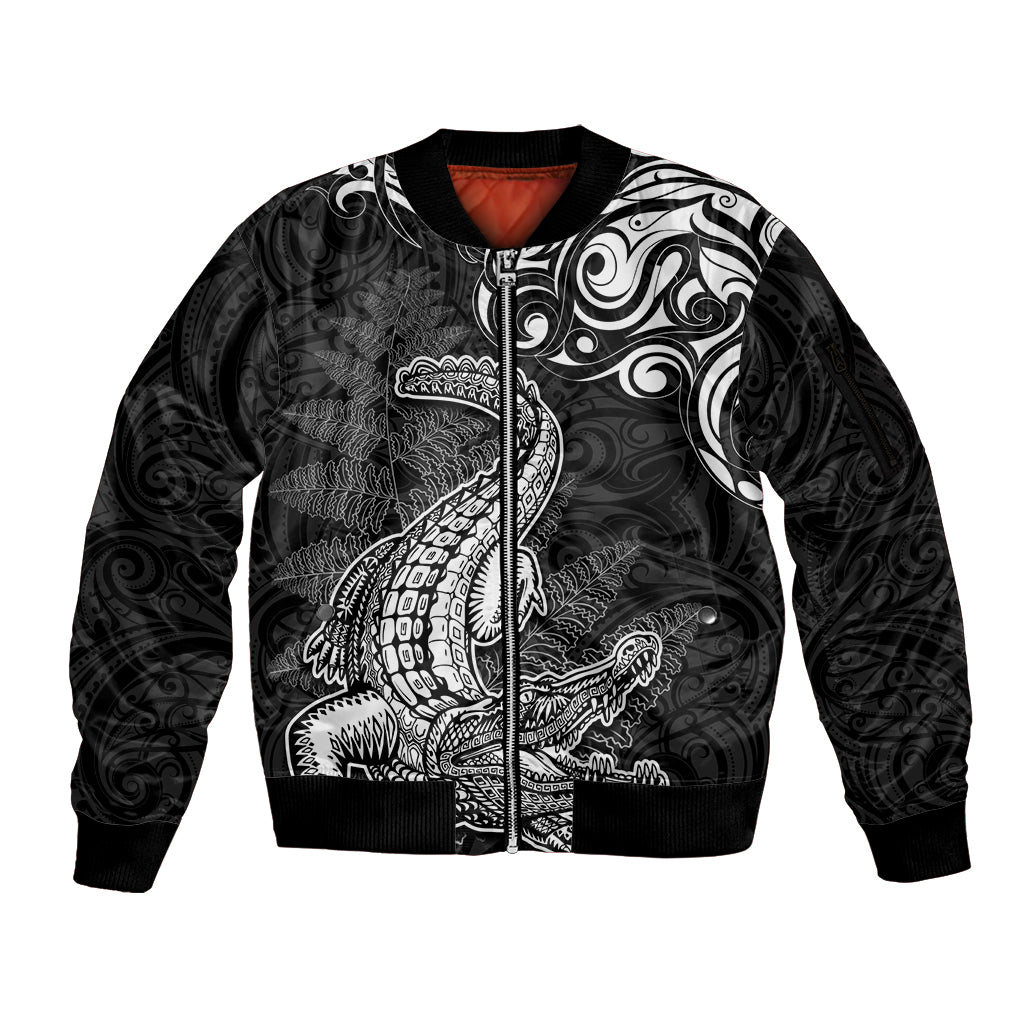New Zealand Crocodile Tattoo and Fern Sleeve Zip Bomber Jacket Maori Pattern LT03 Unisex Black - Polynesian Pride