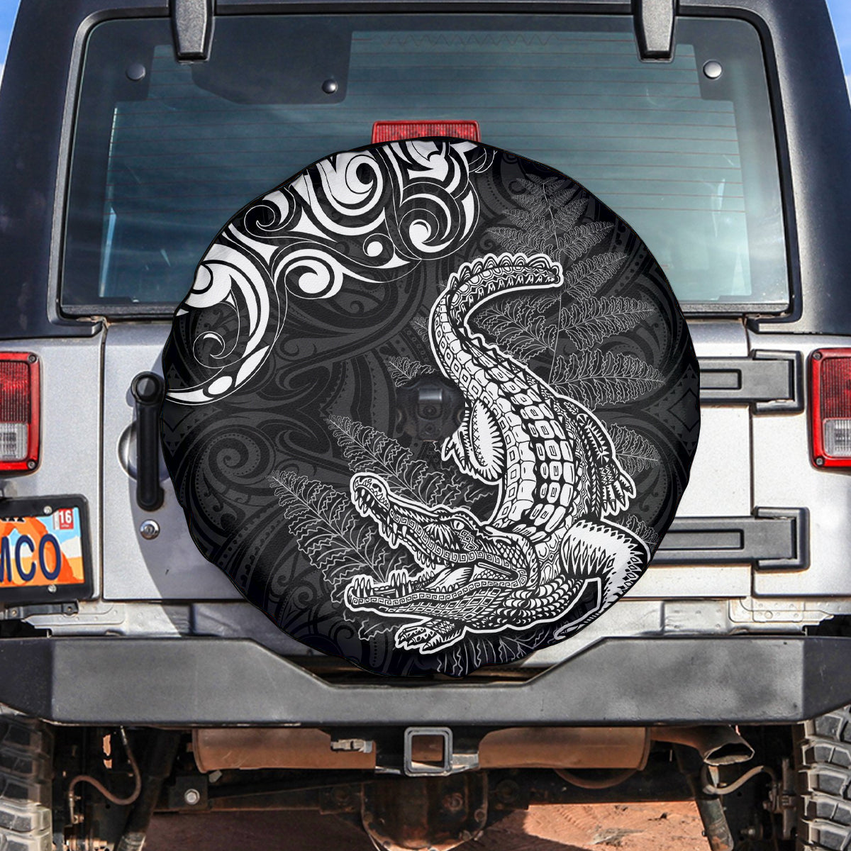 New Zealand Crocodile Tattoo and Fern Spare Tire Cover Maori Pattern