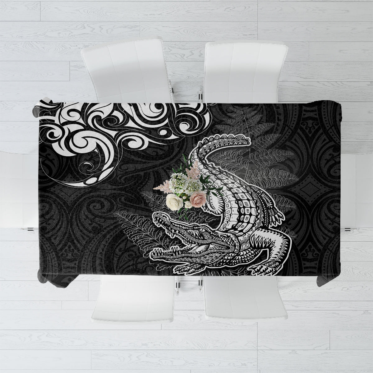 New Zealand Crocodile Tattoo and Fern Tablecloth Maori Pattern LT03 Black - Polynesian Pride