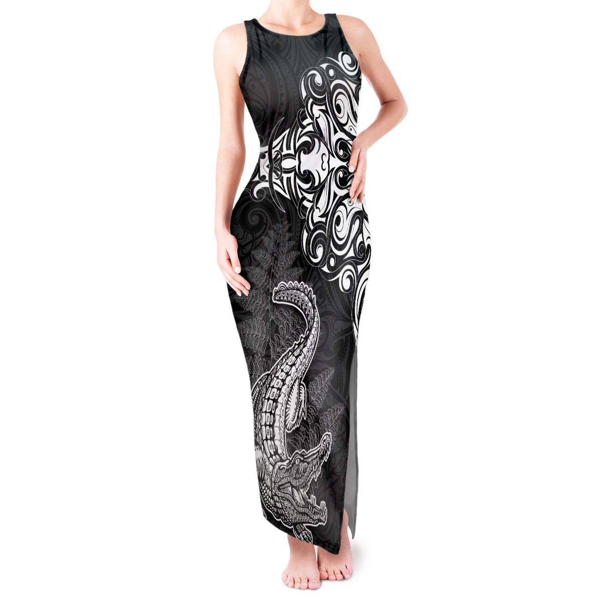 New Zealand Crocodile Tattoo and Fern Tank Maxi Dress Maori Pattern