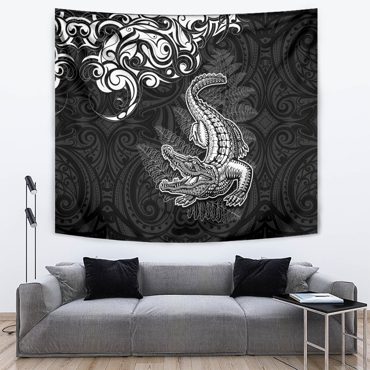 New Zealand Crocodile Tattoo and Fern Tapestry Maori Pattern