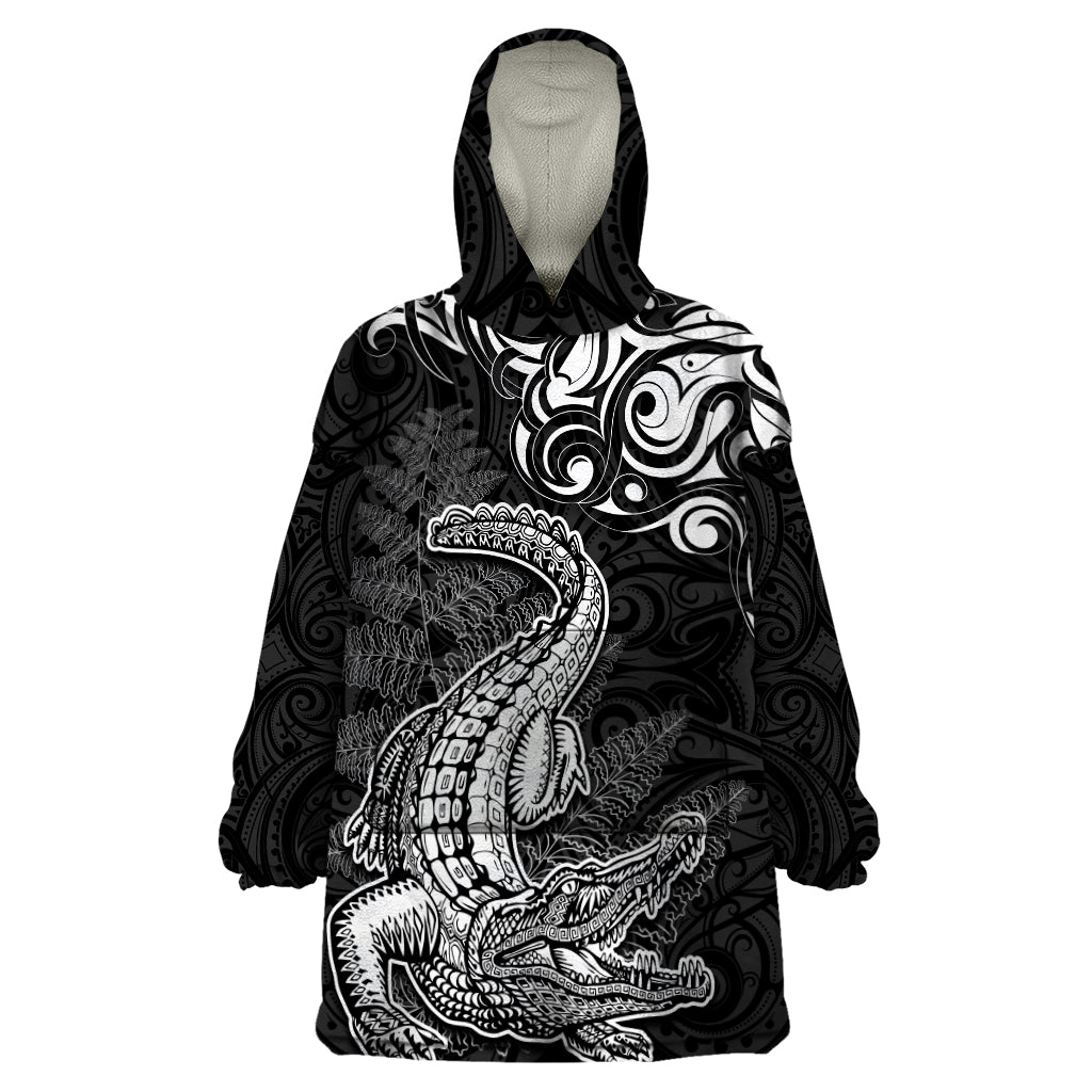 New Zealand Crocodile Tattoo and Fern Wearable Blanket Hoodie Maori Pattern